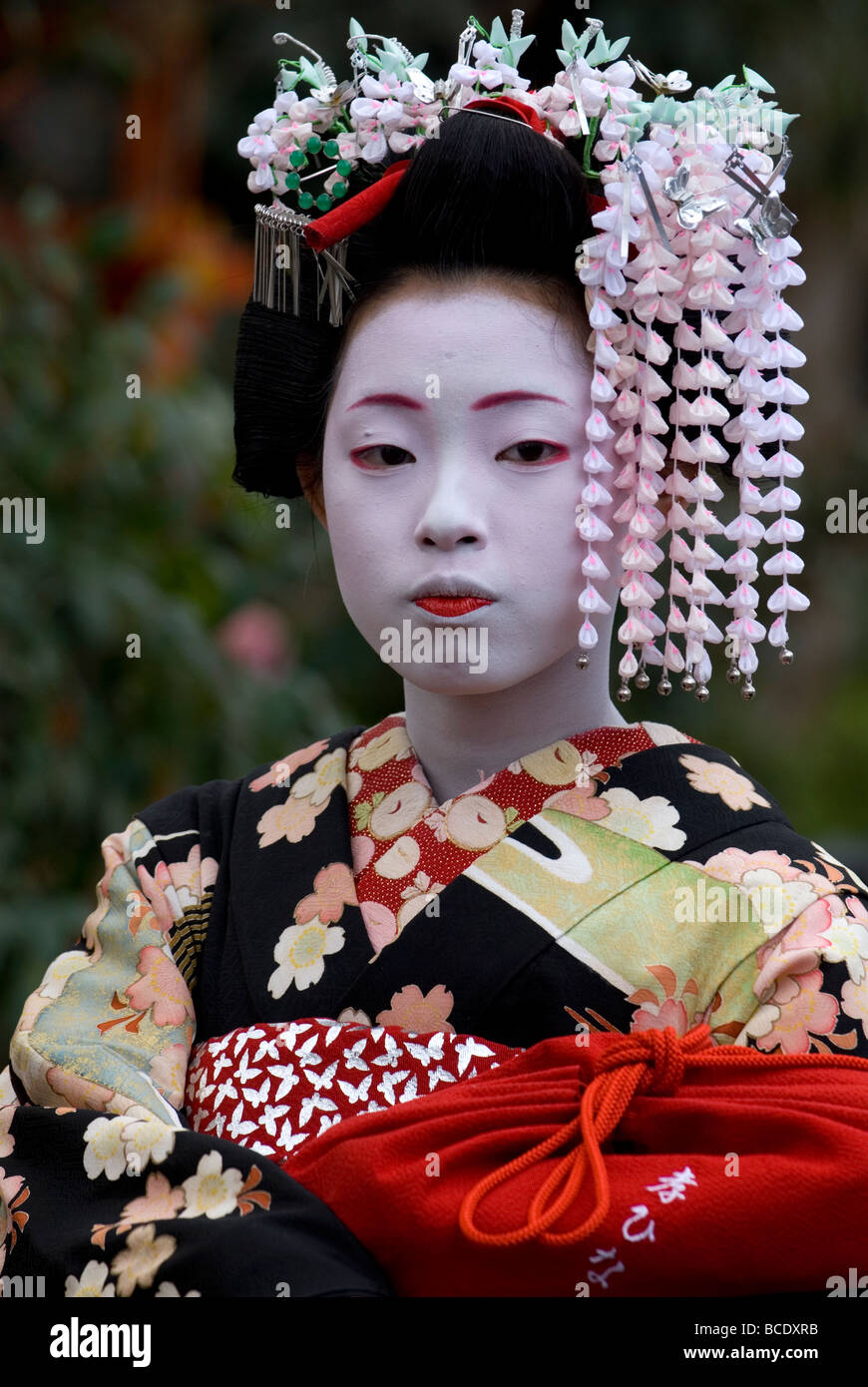 A young maiko or geisha apprentice with spring season kanzashi decorations in her hair poses for a portrait photo Stock Photo