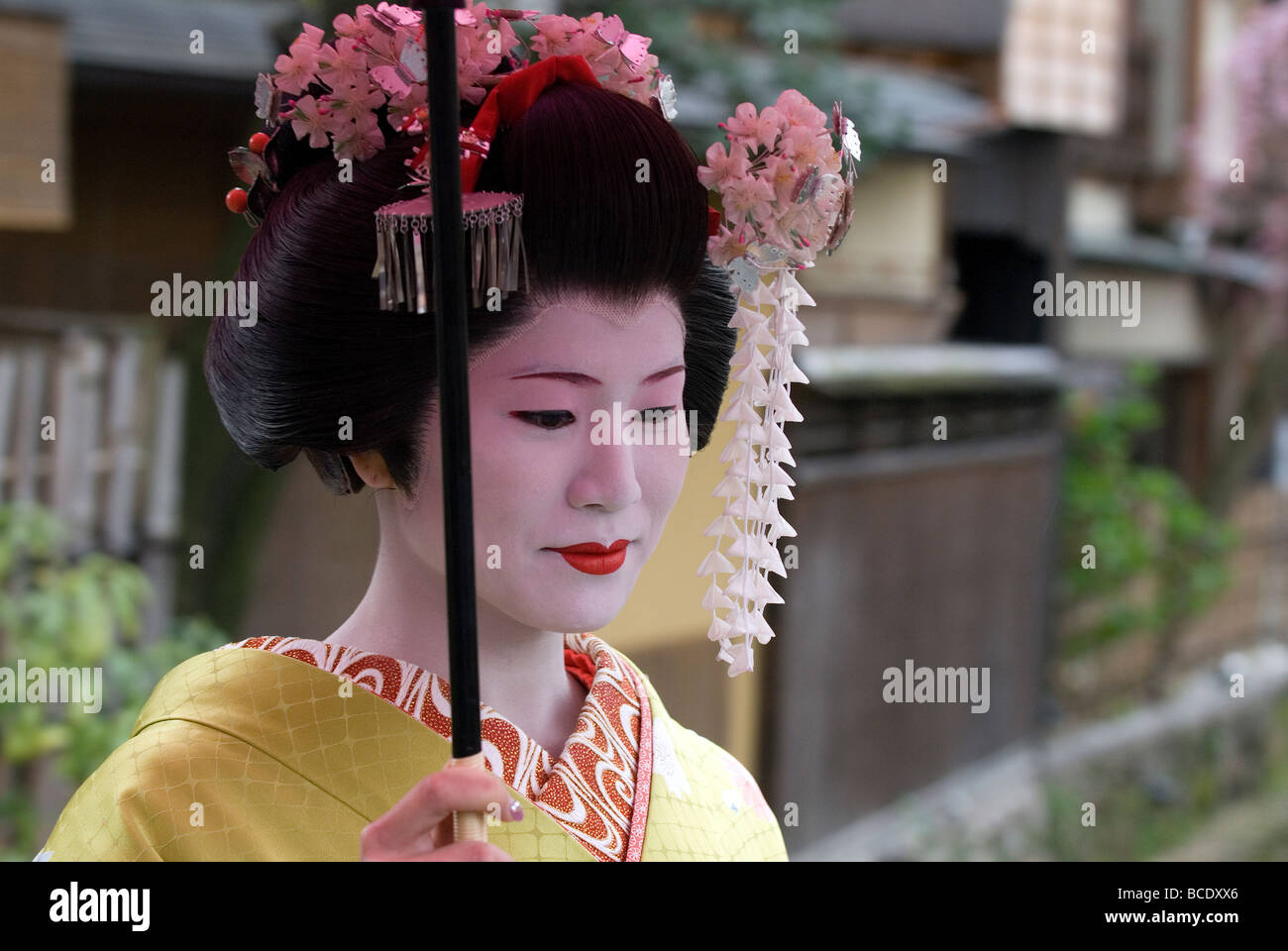A female tourist dressed as a maiko or geisha apprentice with spring kanzashi decorations in her hair has a quiet moment Stock Photo