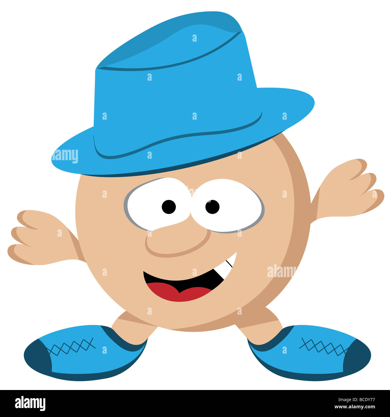 Cartoon character round guy with short legs and arms wearing a blue hat. Comical face Stock Photo