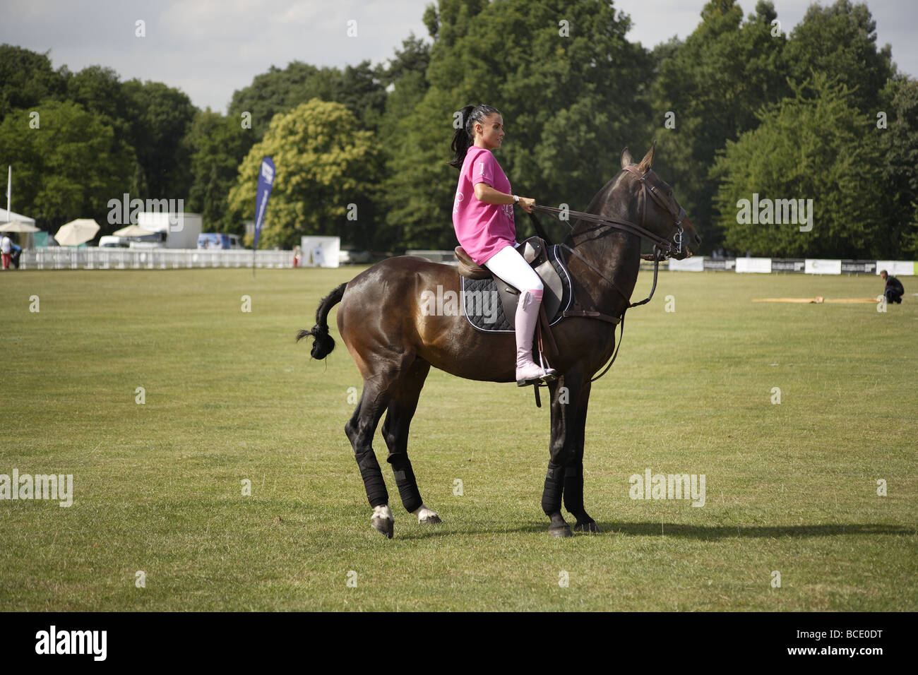 Katie price,Jordan on horse at polo match.Duke of Essex cup match,summer pursuit,clothing range launch. Stock Photo
