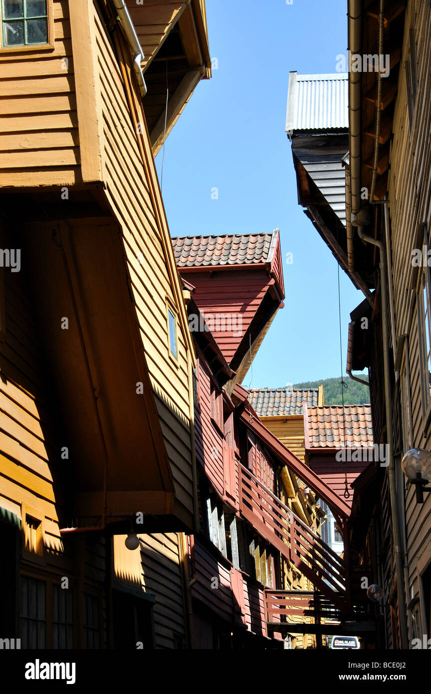 18th Century wooden warehouses, Bryggen, Bergen, Hordaland, Norway Stock Photo