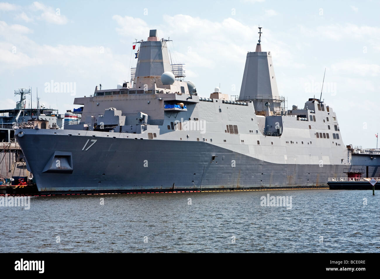 The USS San Antonio LPD 17 advanced marine navy stealth battle ship anchored in Norfolk Virginia Stock Photo