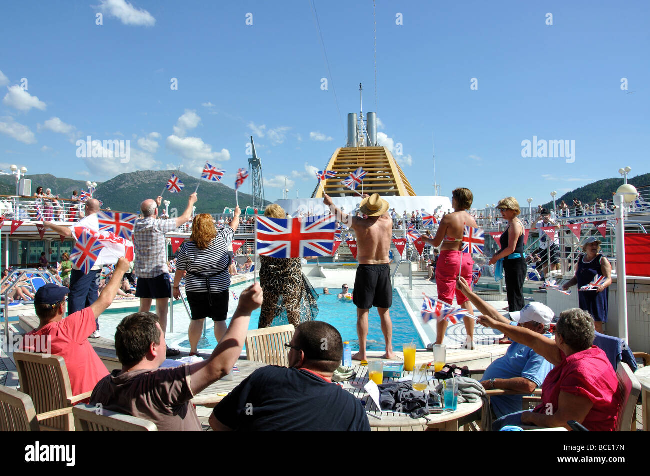 'Sailaway' party on board P&O Oceana Cruise Ship leaving Bergen, Hordaland, Norway Stock Photo