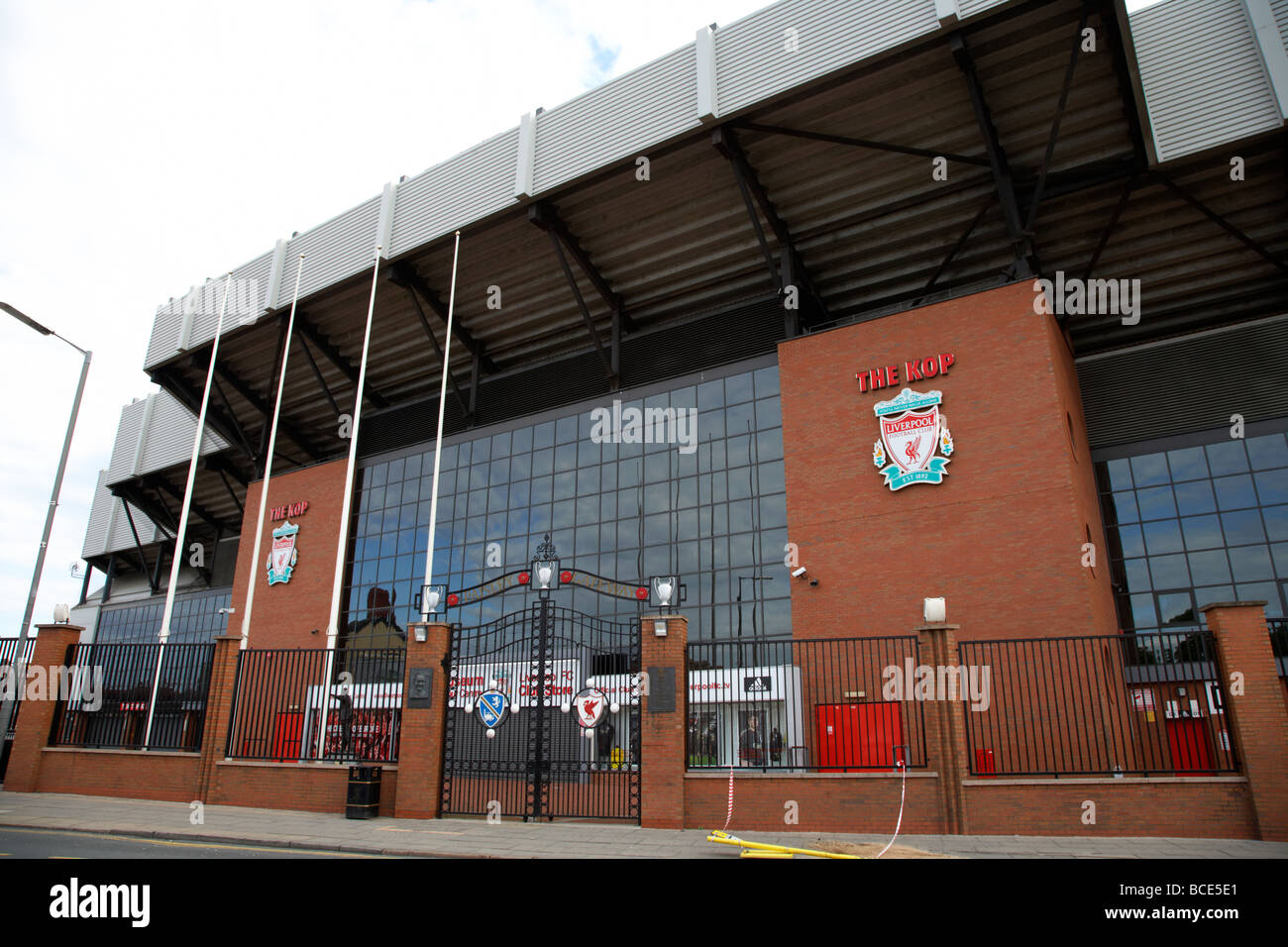 the kop end of the outside of anfield road football stadium home of liverpool fc liverpool merseyside england uk Stock Photo