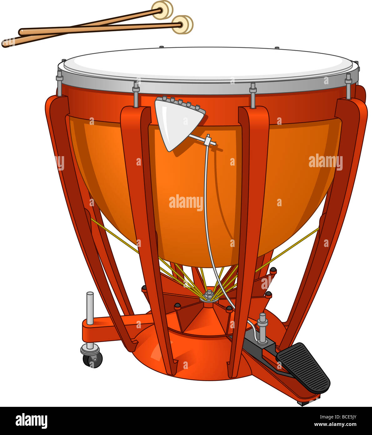 Timpani, or kettledrum, and drumsticks. Stock Photo