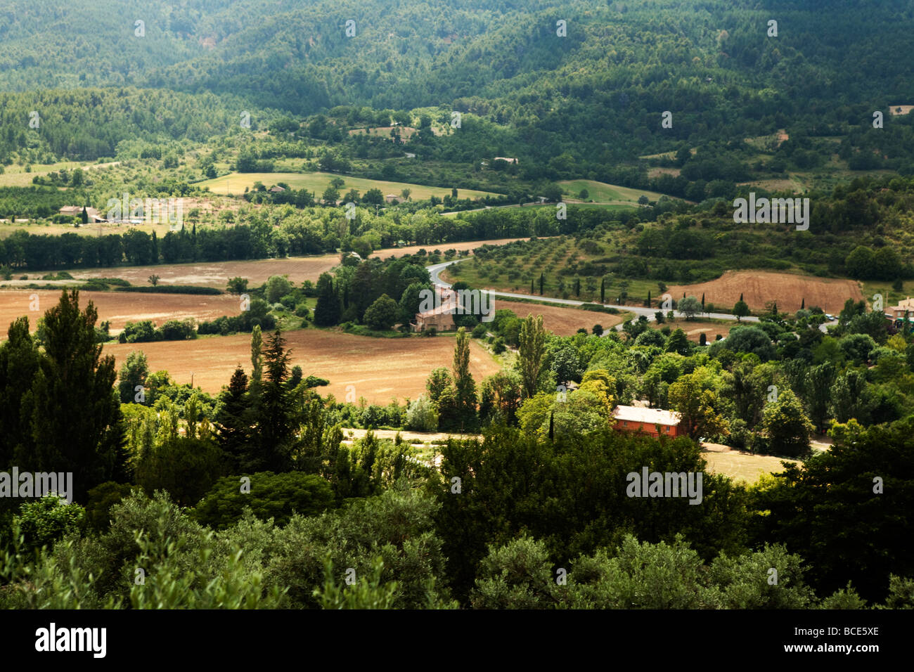 FRENCH LANDSCAPE: PROVENCAL FIELDS AS VIEW FROM MOUSTIERS SAINTE MARIE, HAUTE PROVENCE, FRANCE Stock Photo