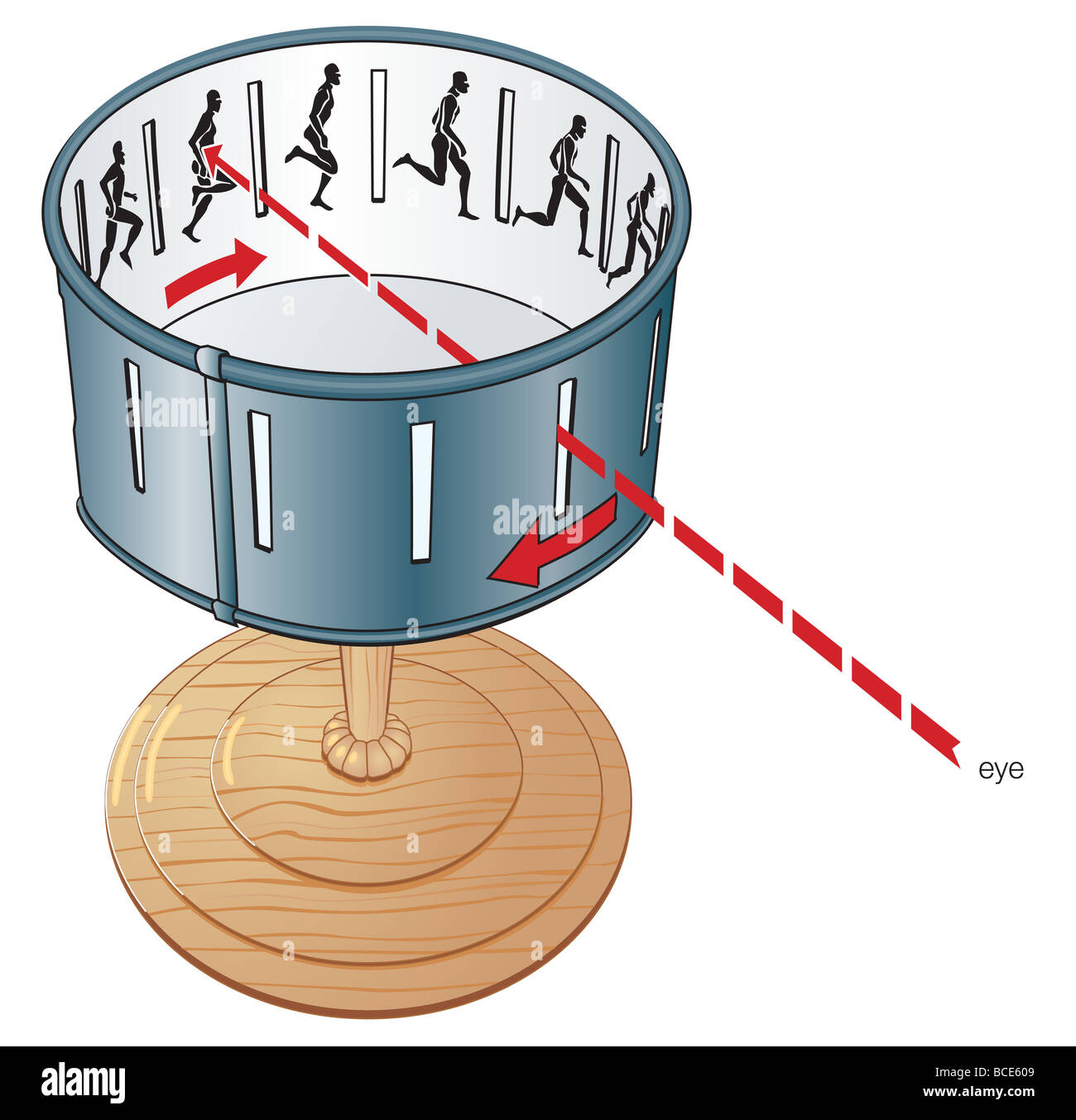 The zoetrope, an early form of motion picture technology, induced an illusion of movement from pictures on its rotating drum. Stock Photo