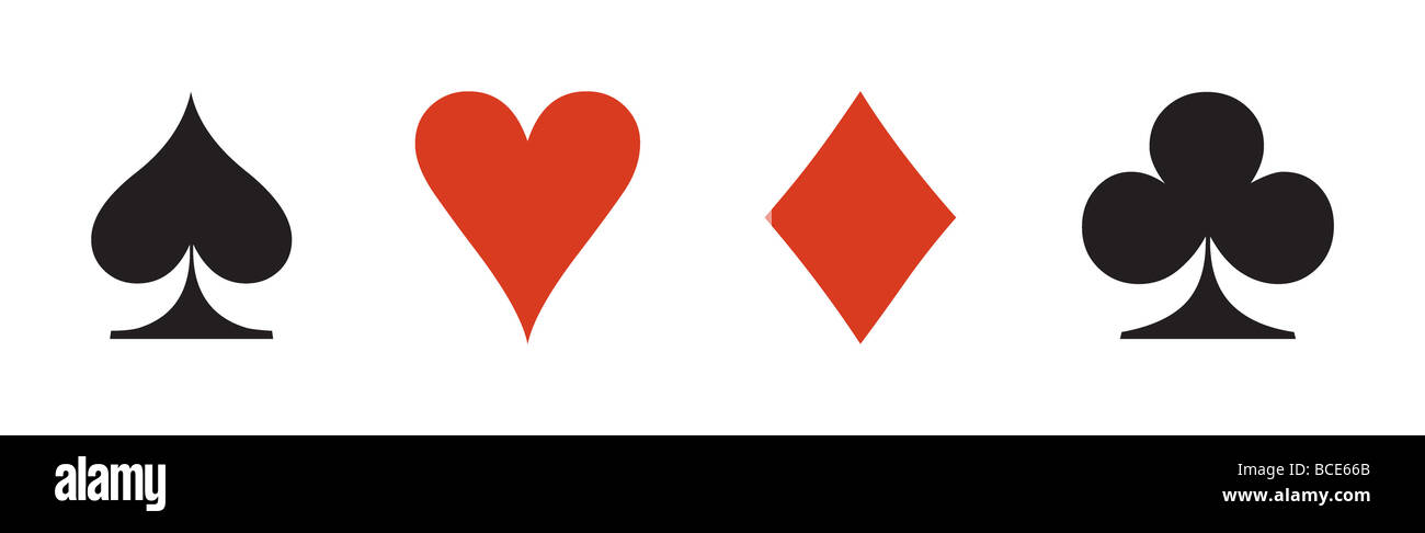 The four suits in the Western playing card deck: spade, heart, diamond, and club. Stock Photo