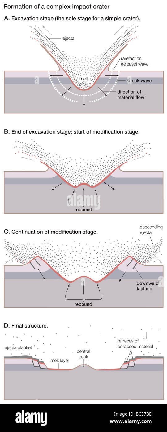 Four steps in the formation of a complex impact crater, resulting in a central peak and terraces of collapsed material. Stock Photo