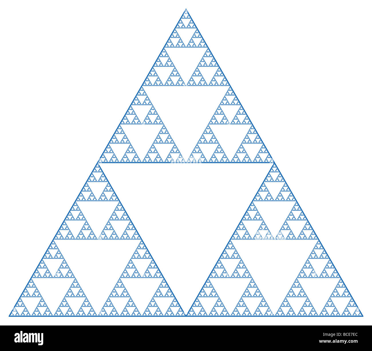 A Sierpinski gasket is made by dividing an equilateral triangle into four, removing the middle one, and repeating the pattern. Stock Photo
