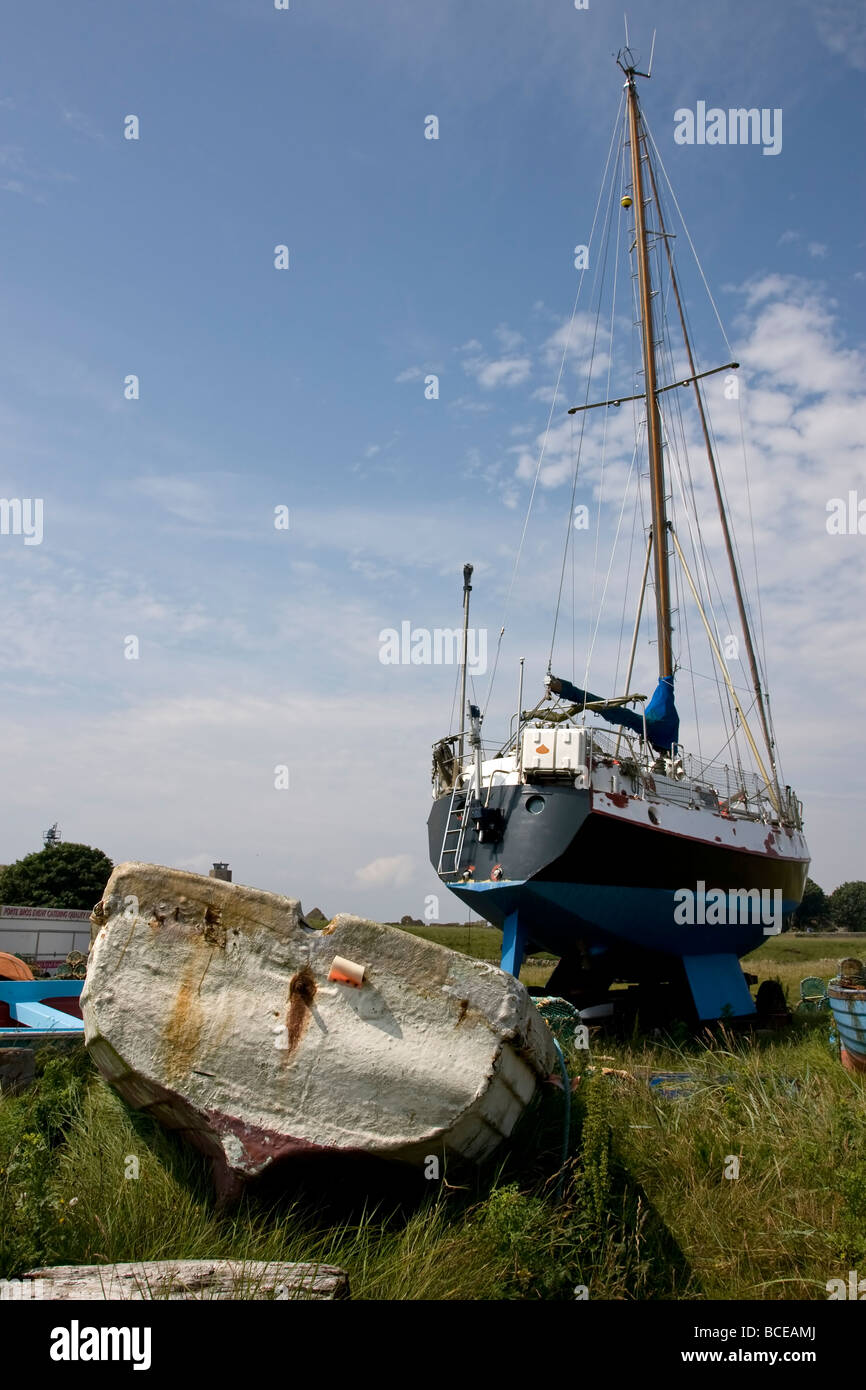 Old Fishing Boat Derelict Blue White Disused Yacht Out of Water Stock ...