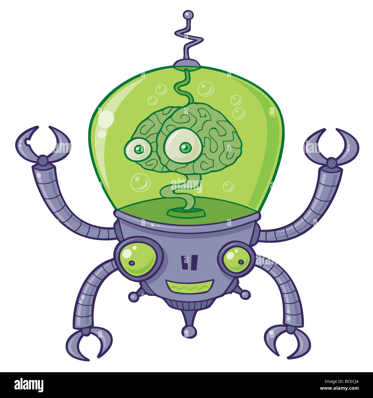 Vector cartoon illustration of a robot with a large brain with eyes in  green liquid. BrainBot has four long arms with claws Stock Photo - Alamy