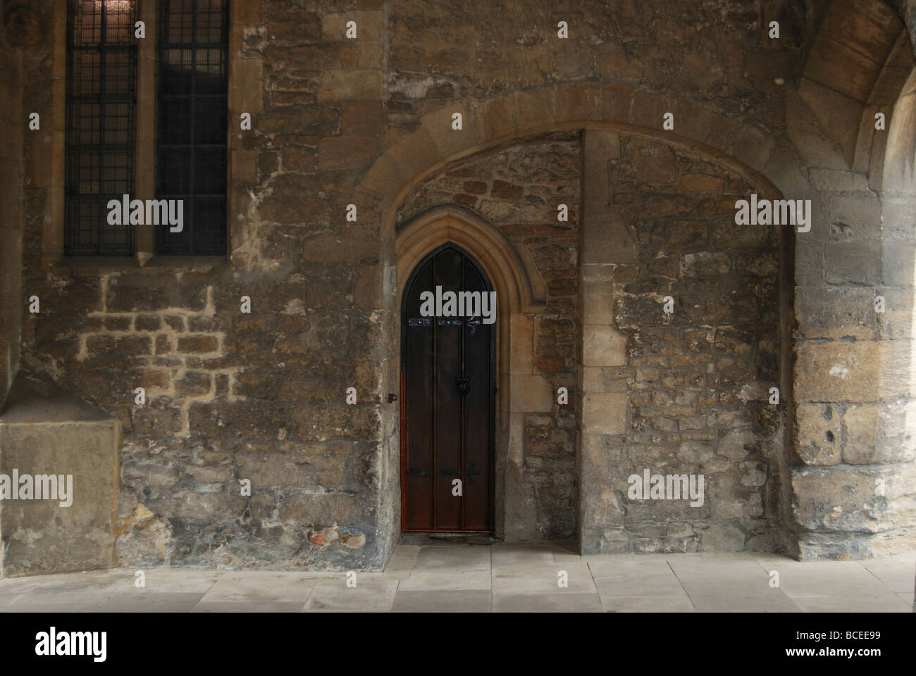 Archways and door at the side of Nicholas Church at the Marketplace in Abingdon in Oxfordshire Stock Photo