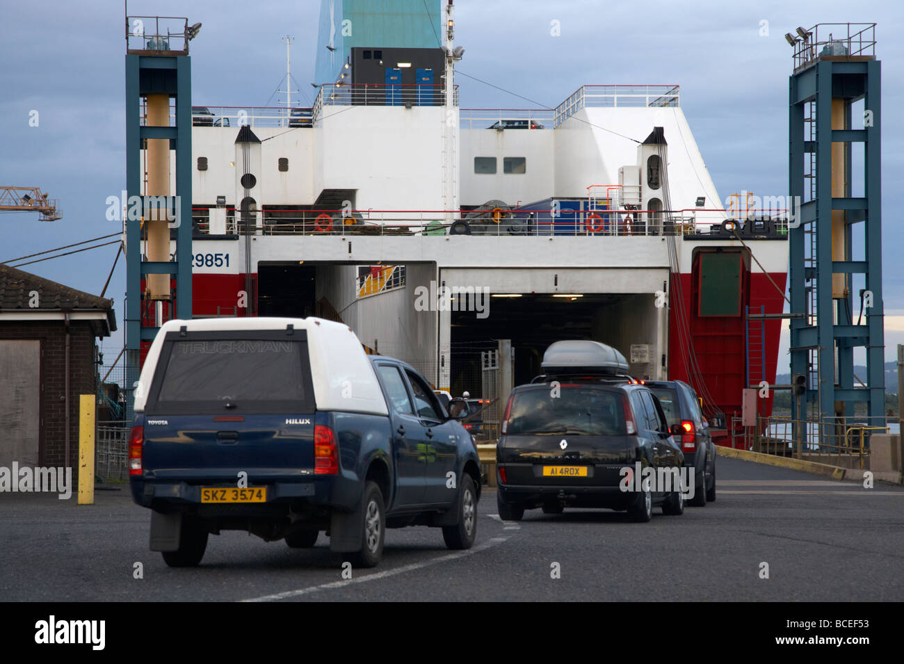 cars boarding the rear of the vehicle deck of the norfolkline passenger car ferry mersey viking in port in belfast Stock Photo