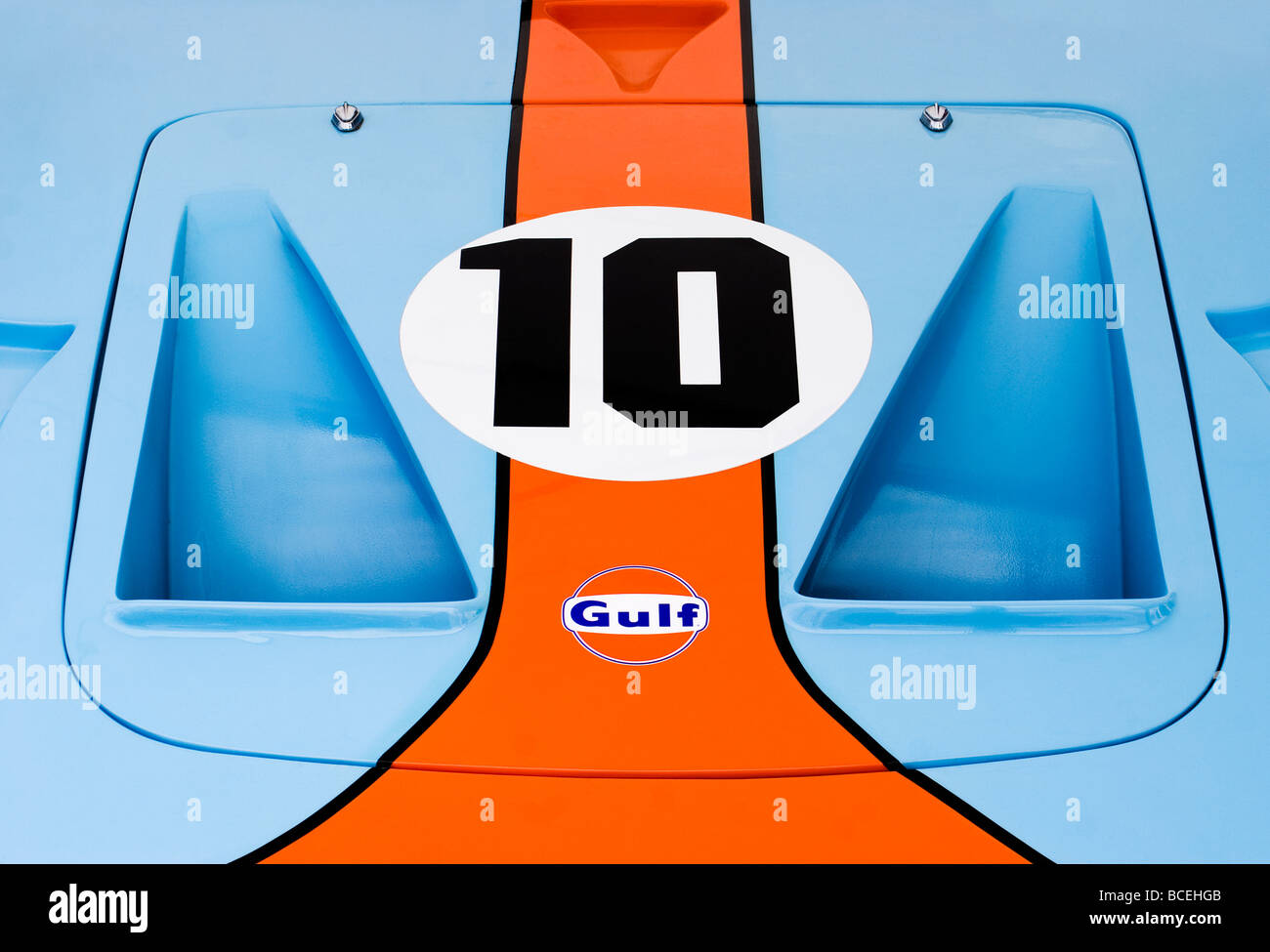 Gulf logo with blue and orange classic Gulf colours on a Ford GT 40 Stock Photo