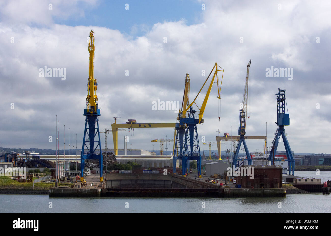 harland and wolff shipyard drydock and cranes in the port of belfast belfast harbour northern ireland uk europe Stock Photo