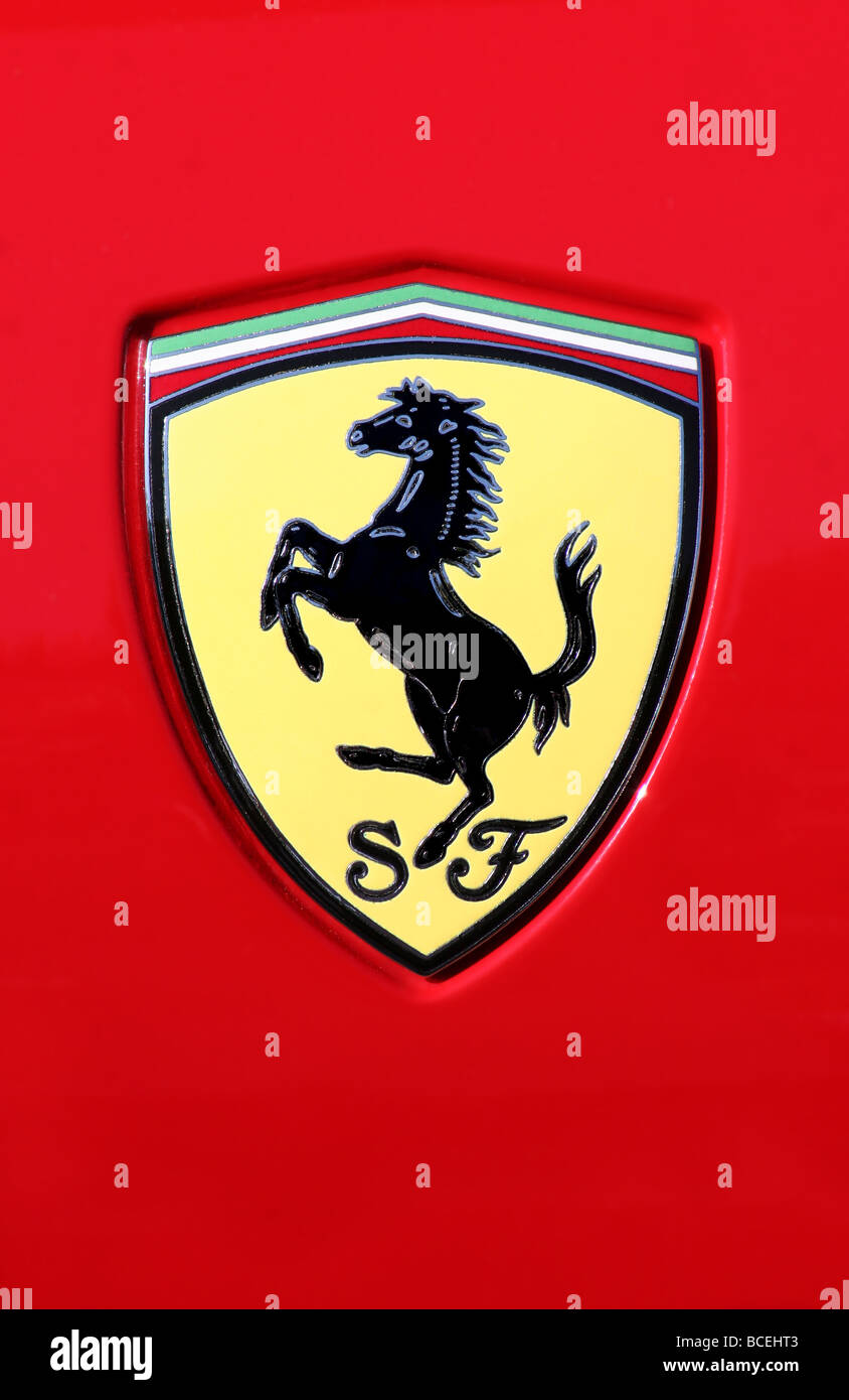 Ferrari logo badge. The Cavallino Rampante, or 'little prancing horse'. Stock Photo