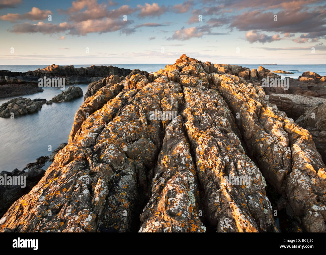 The dark igneous dolorite rock of Blackrocks Point on the Northumbrian ...