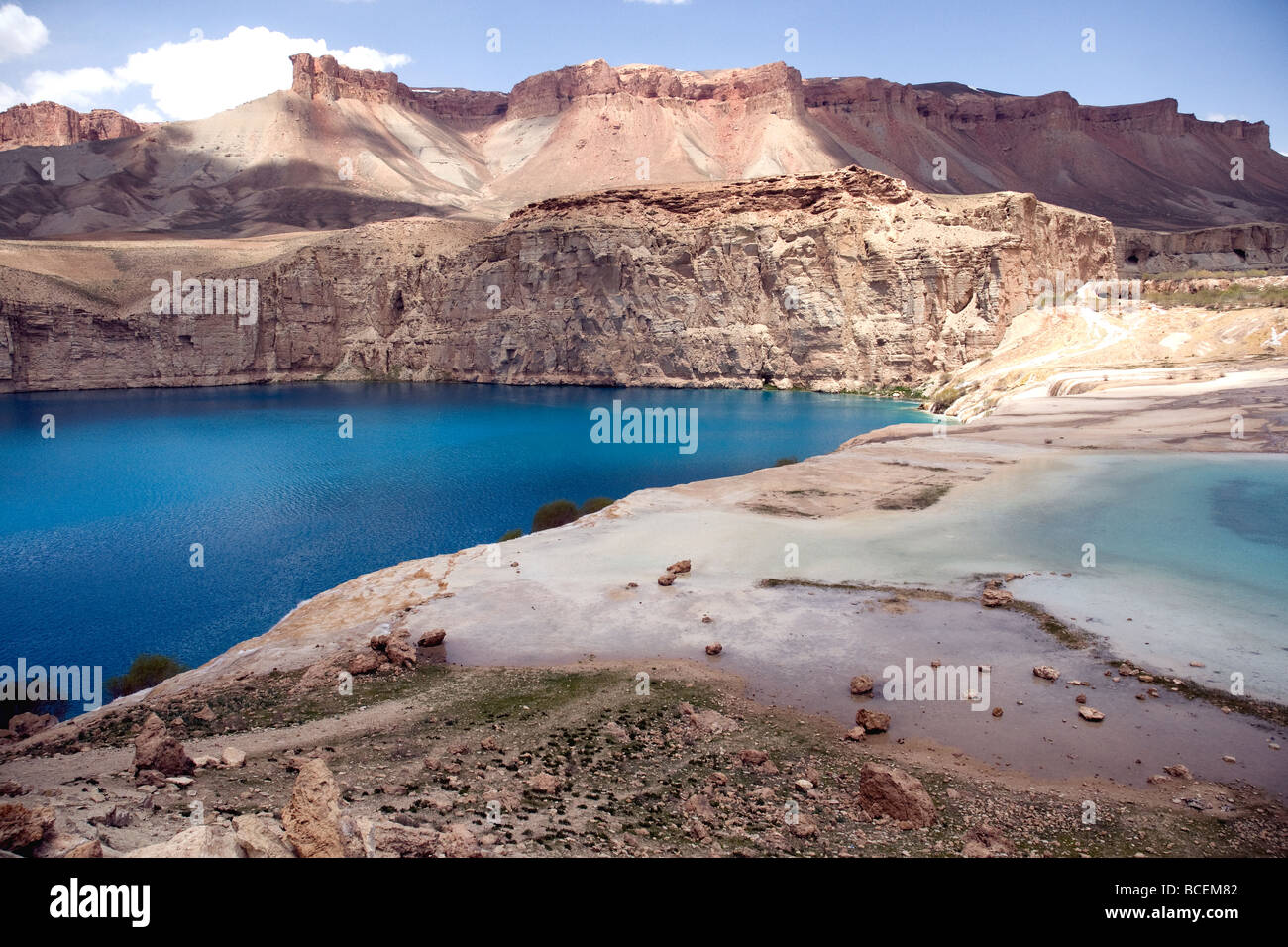 Linked by natural dams, Band-e Amir and its six blue lakes were declared Afghanistan's first national park in 2009 Stock Photo
