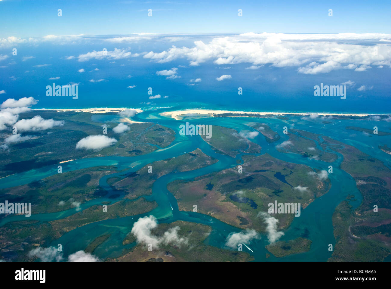 An aerial view of ocean channels piercing the Queensland coastline. Stock Photo
