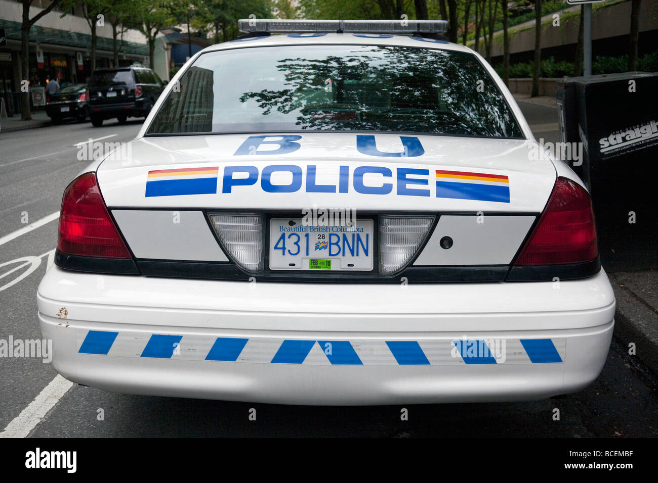 rear of police car, Vancouver, British Columbia, Canada Stock Photo