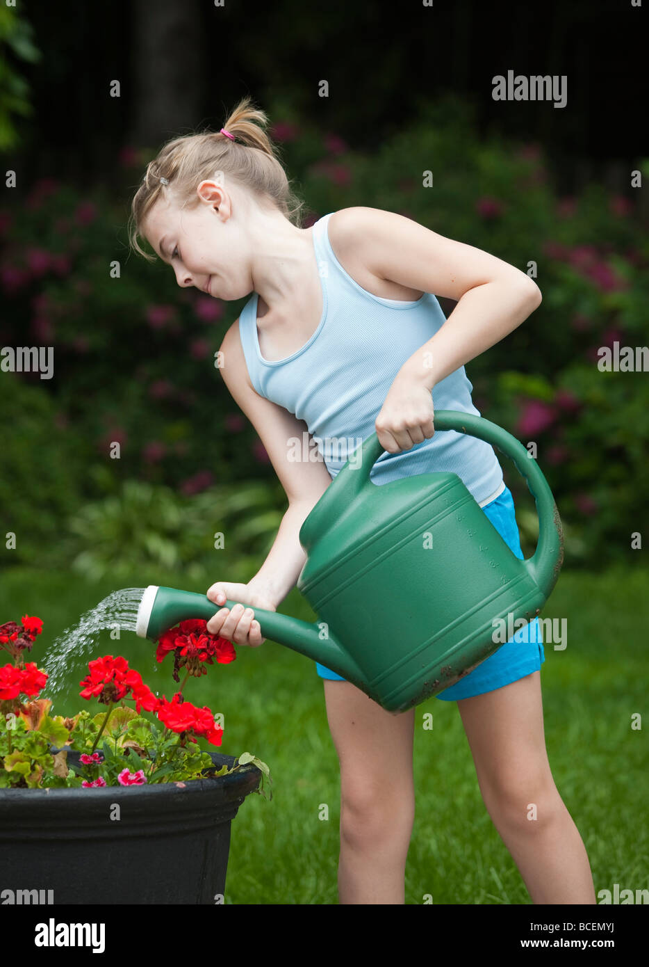 Young girl watering flowers Stock Photo - Alamy