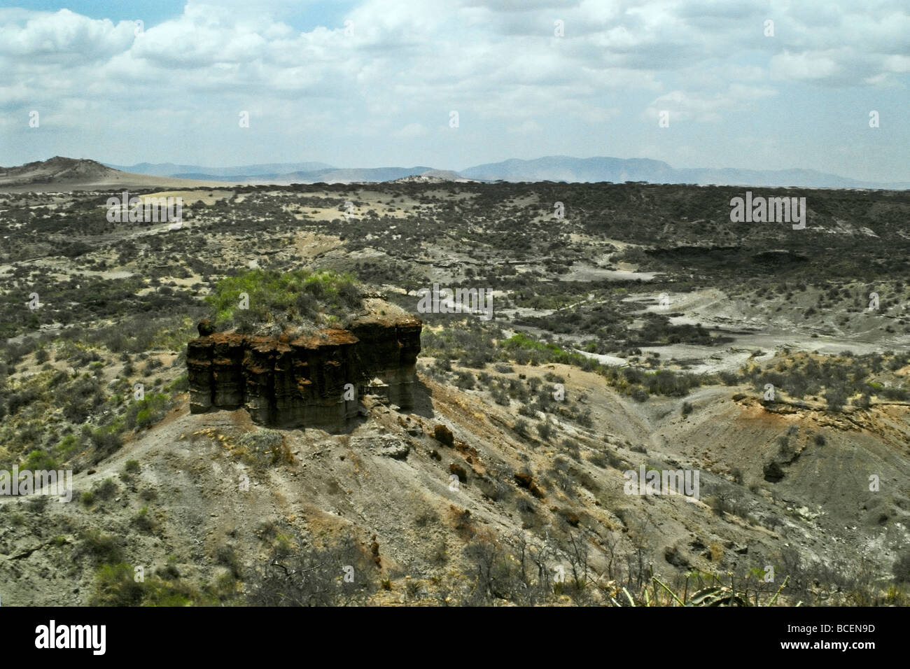 The arid terrain of Olduvai Gorge is known as The Cradle of Mankind. Stock Photo
