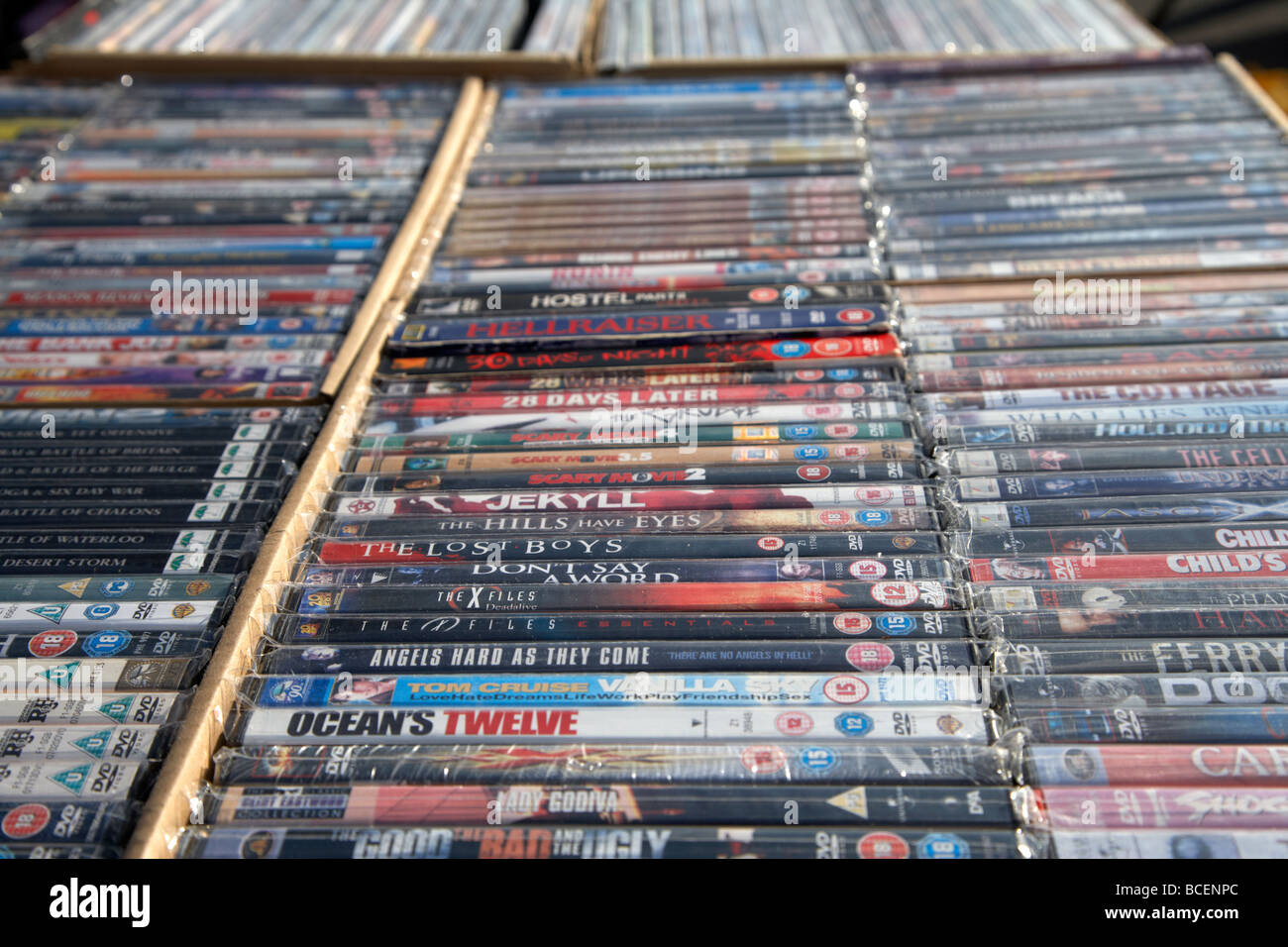 2nd hand dvds on sale on a stall at a car boot sale in newtownabbey northern ireland uk Stock Photo
