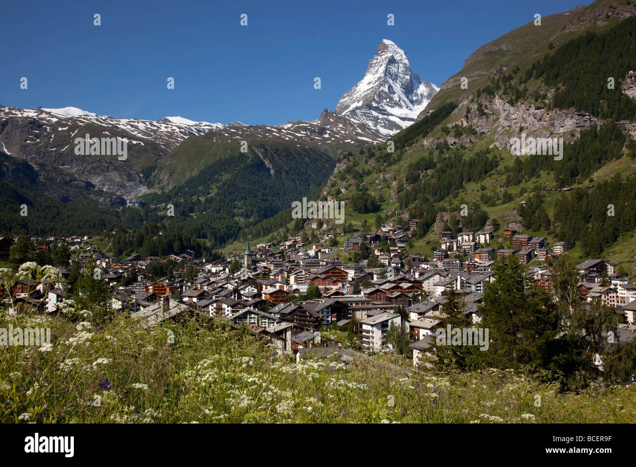 View of Zermatt and Matterhorn mountain in summer, Switzerland, Europe Stock Photo