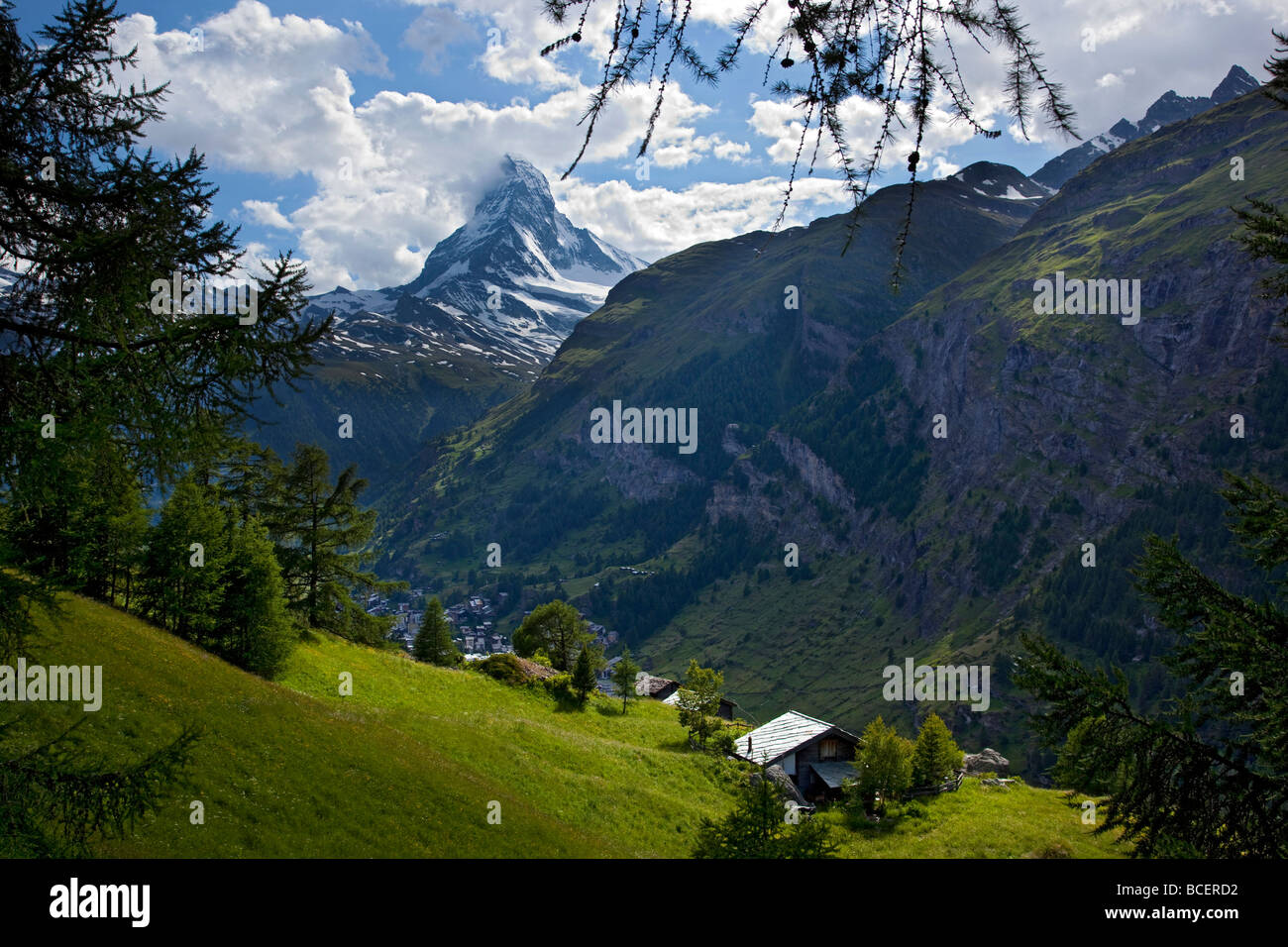 View of Zermatt and Matterhorn mountain in summer, Switzerland, Europe. Stock Photo