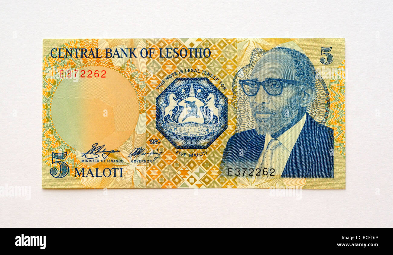 Lesotho 5 Five Maloti Banknote. Stock Photo