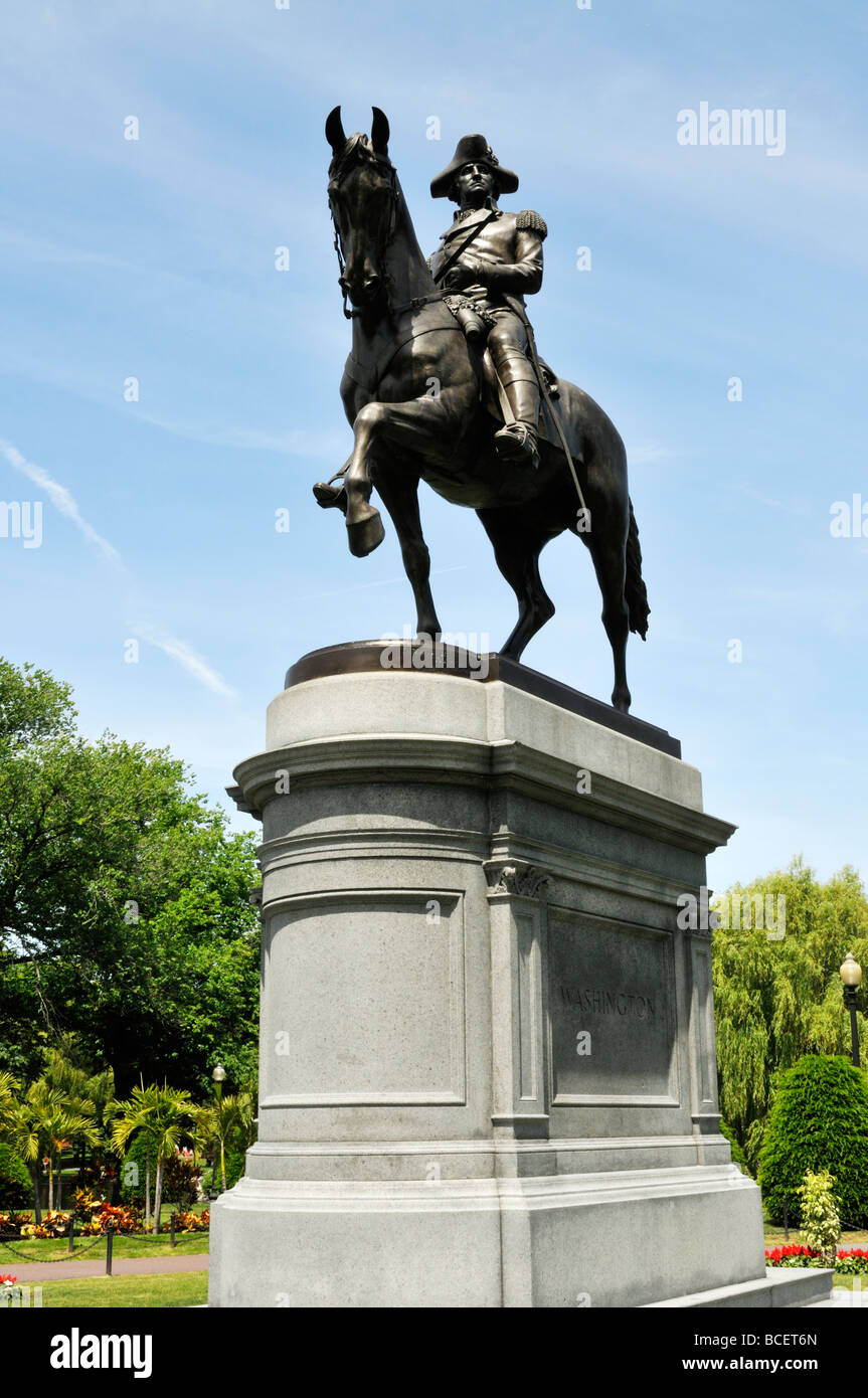 Statue of George Washington on horse in Boston Public Gardens adjacent to Boston Common, Boston MA Stock Photo