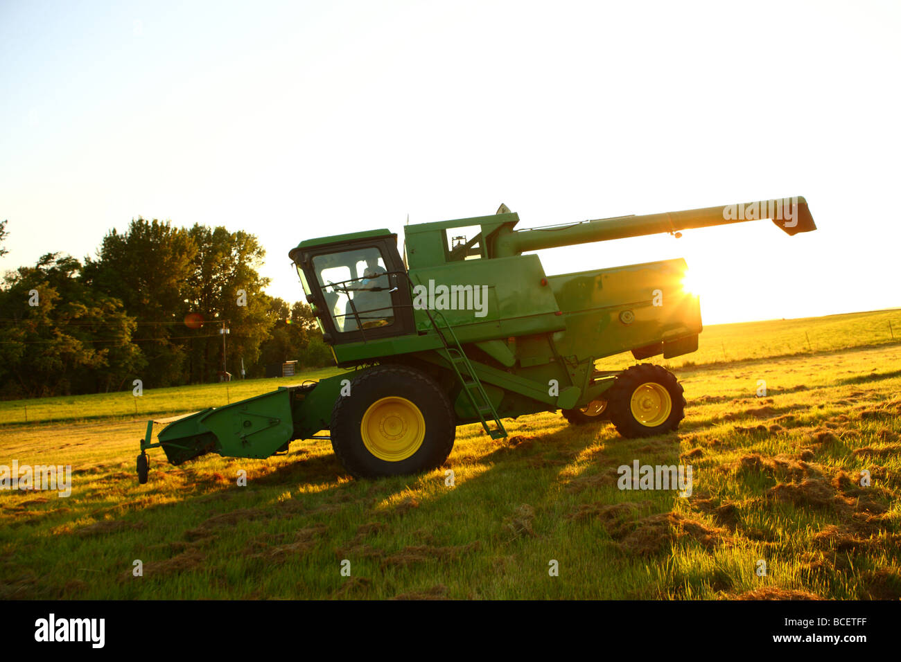 Combine in field with setting sun Stock Photo