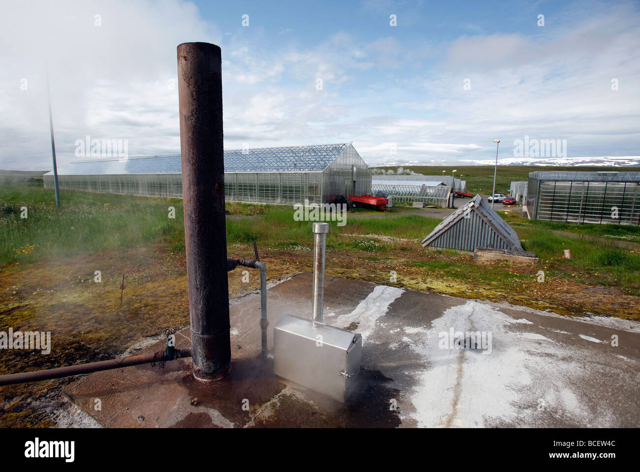 A borehole supplies geothermal heat to greenhouses, Iceland Stock Photo