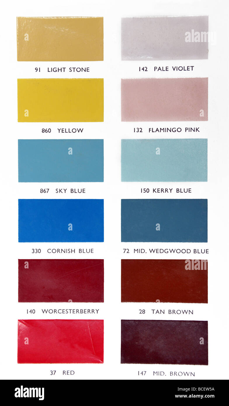 A colour chart of paints from a 1950s home decorating / wallpaper catolgue. Stock Photo