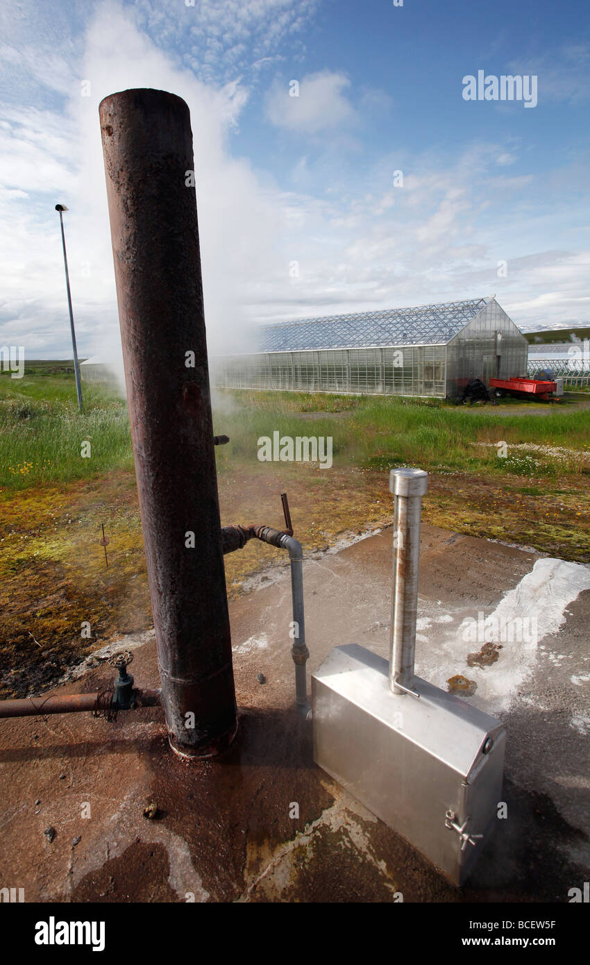 A borehole supplies geothermal heat to greenhouses, Iceland Stock Photo