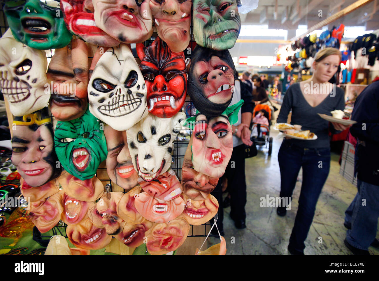 Masks display in the flea market, Reykjavik, Iceland Stock Photo