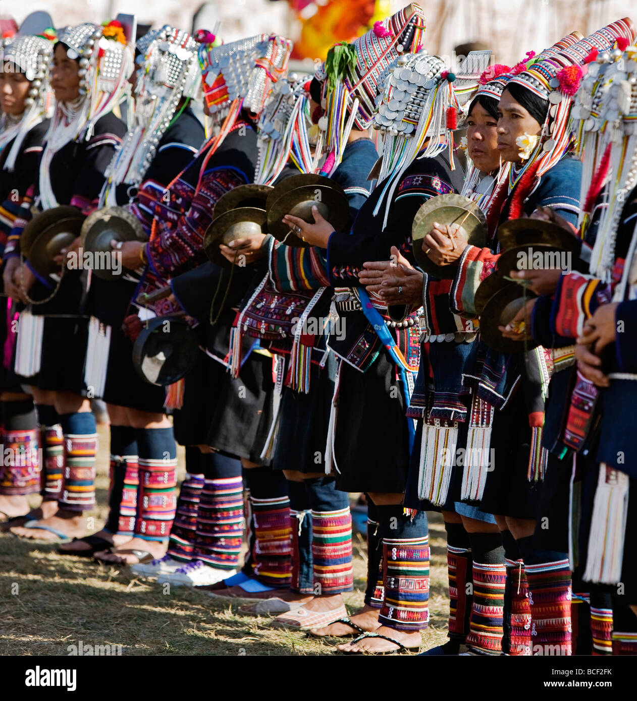 Myanmar, Burma, Kengtung. A group of Akha women wearing traditional