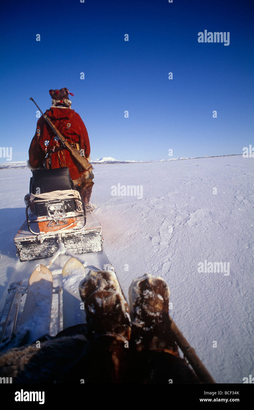 Russia, Kamchakta. Crossing the winter tundra on a snowmobile, Palana, Kamchatka, Russian Far East Stock Photo