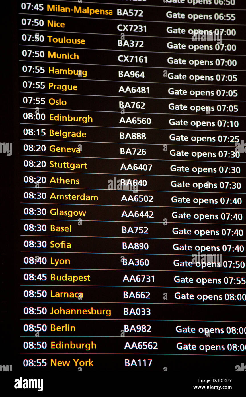Departure Board, Terminal 5, Heathrow airport, London, England Stock Photo