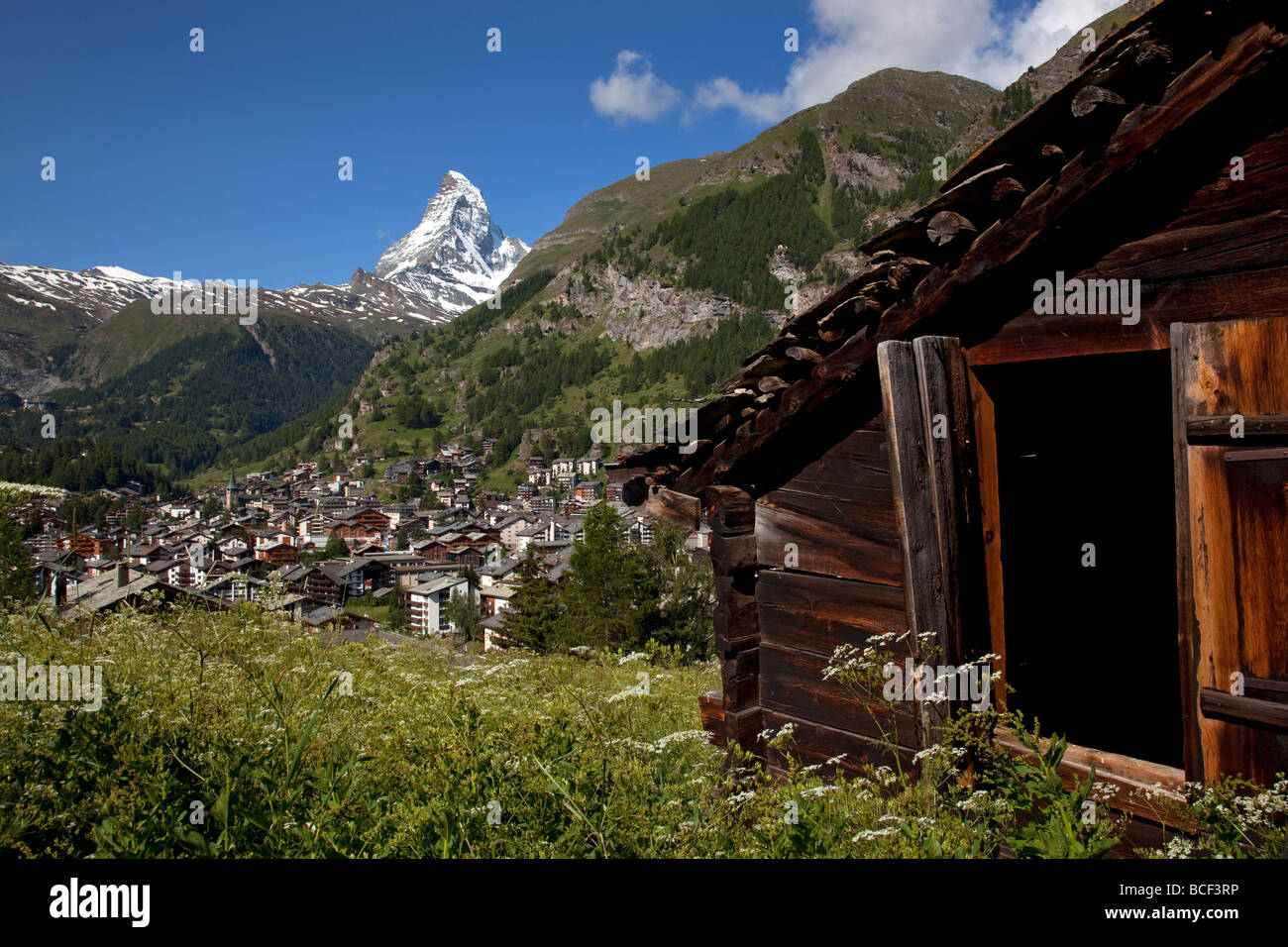View of Zermatt and Matterhorn mountain in summer, Switzerland, Europe. Stock Photo