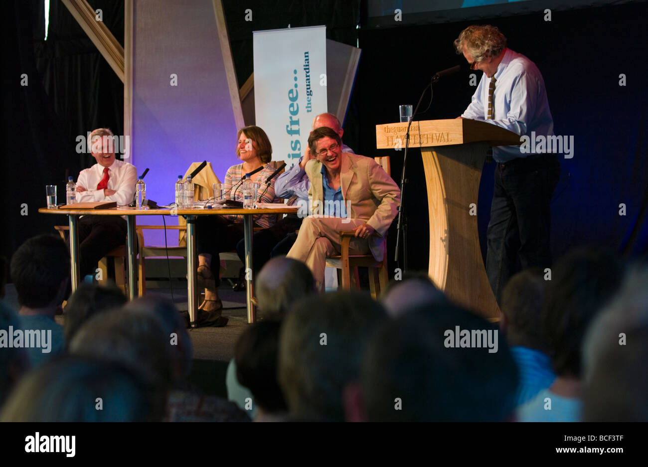 The Guardian Debate at Hay Festival 2009 (l-r) David Davis MP, Georgina Henry, Charles Clarke MP, Conor Gearty and Henry Porter Stock Photo