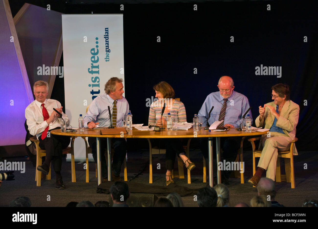 The Guardian Debate at Hay Festival 2009 (l-r) David Davis MP, Henry Porter, Georgina Henry, Charles Clarke MP and Conor Gearty Stock Photo