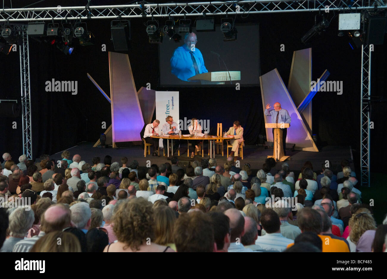 The Guardian Debate at Hay Festival 2009 (l-r) David Davis MP, Henry Porter, Georgina Henry, Conor Gearty and Charles Clarke MP Stock Photo