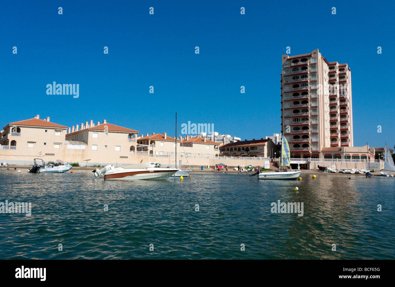 Apartments and beach by the Mar Menor (Inland Sea) in the region of Murcia, Spain Stock Photo