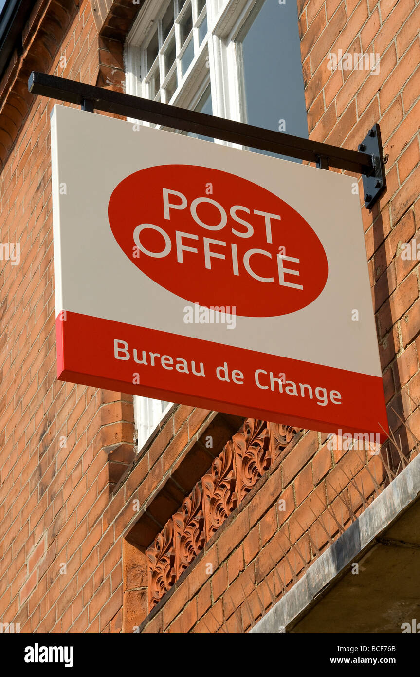Post office and bureau de change sign close up exterior Beverley East Yorkshire England UK United Kingdom GB Great Britain Stock Photo