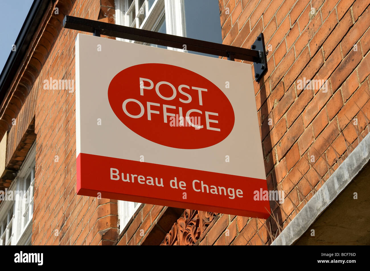 Exterior post office and bureau de change sign close up Beverley East Yorkshire England UK United Kingdom GB Great Britain Stock Photo