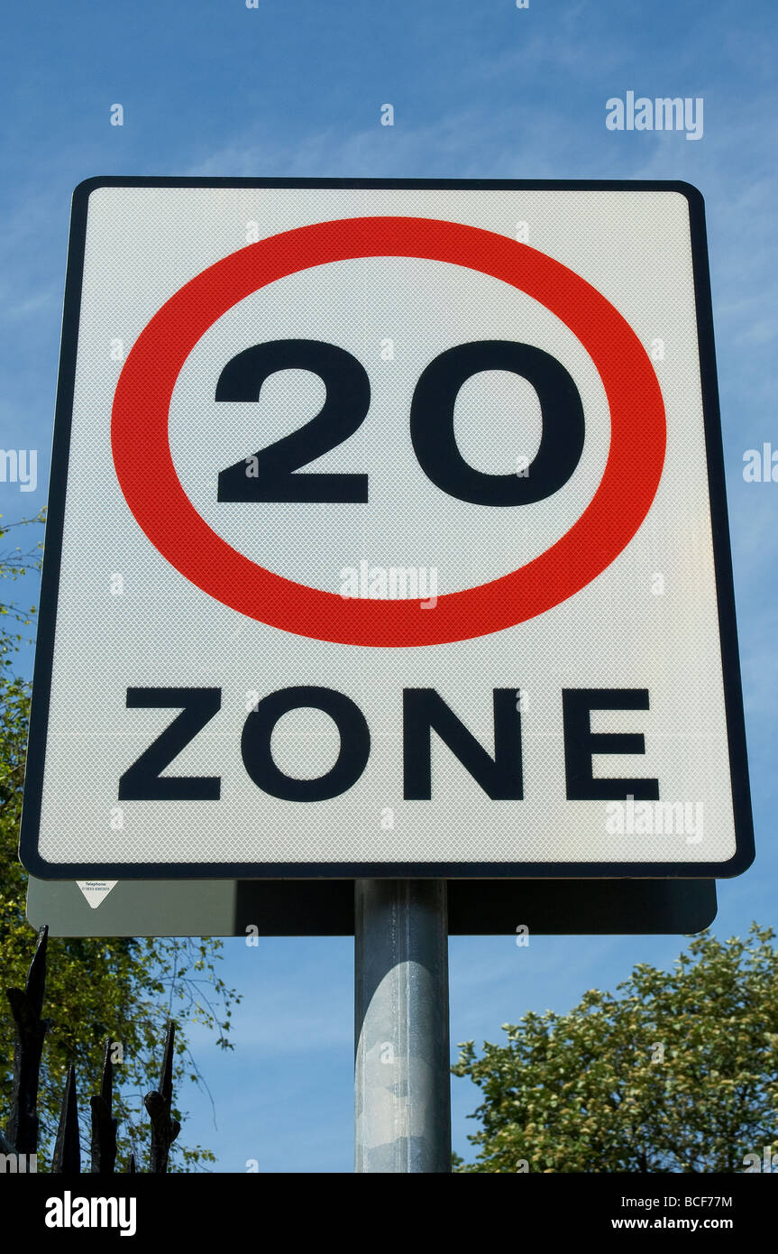 20 miles per hour mph speed limit restriction road sign close up East Yorkshire England UK United Kingdom GB Great Britain Stock Photo
