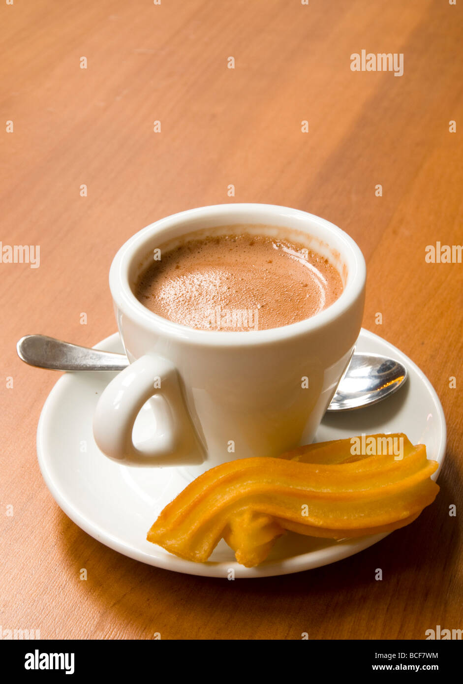 Spain, Barcelona, La Rambla, La Boqueria Market, Chocolate con Churros breakfast Stock Photo