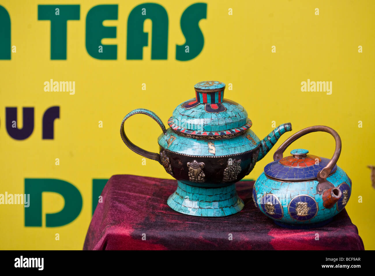 India, West Bengal, Darjeeling, Nathmulls tea shop,Tibetian tea pots Stock Photo